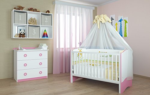 Polini Kids Babyzimmer Kinderzimmer Kombikinderbett mit Matzratze und Wickelkommode in weiß - rosa