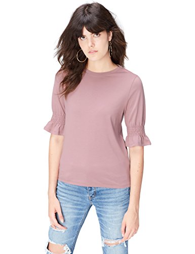 FIND T-Shirt Damen mit Gerafften und gerüschten Ärmeln, Rundem Ausschnitt und Lockerer Passform, Rosa, 34 (Herstellergröße: X-Small)