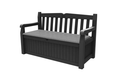 Keter Sitzbank Eden für Balkon und Garten, Gartenbank mit integrierter Kissenbox mit 265 l Stauraum, 140x60x84cm, wetterfest, pflegeleicht, grau, Outdoor, Holzoptik