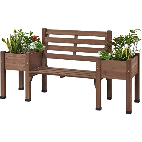 Yaheetech Gartenbank mit Blumenkasten, Holzbank Sitzbank mit Lehne & Pflanzkasten aus Massivholz Wetterfest Hochbeet Outdoor Parkbank für Garten Balkon, Braun 188 × 59,5 × 97,5 cm