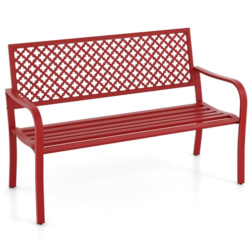 COSTWAY Gartenbank Metall, wetterfeste Sitzbank für 2-3 Sitzer, Parkbank mit Rückenlehne & Armlehne, Metallbank bis 300 kg belastbar, Eisenbank für Garten, Terrasse, Balkon, 127 x 62 x 86 cm (Rot)