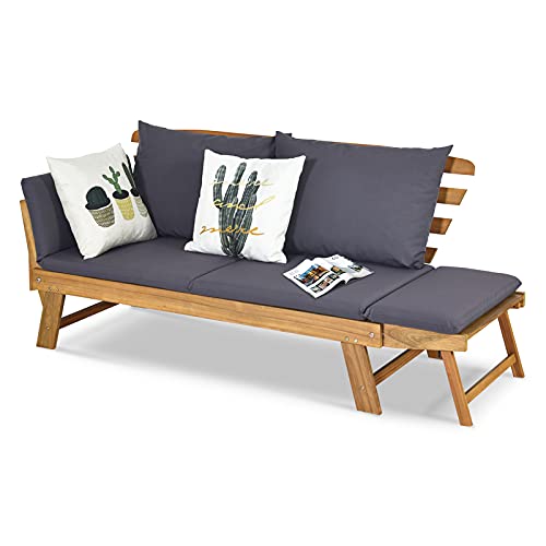 GOPLUS Gartenbank Holz, Gartensofa mit Liegefunktion, 2-3 Sitzer Holzbank mit klappbaren Seitenlehnen, inkl. Auflage, Balkonbank, Sitzbank Outdoor für Garten, Terrasse, Balkon, 157 x 75 x 75cm (Grau)