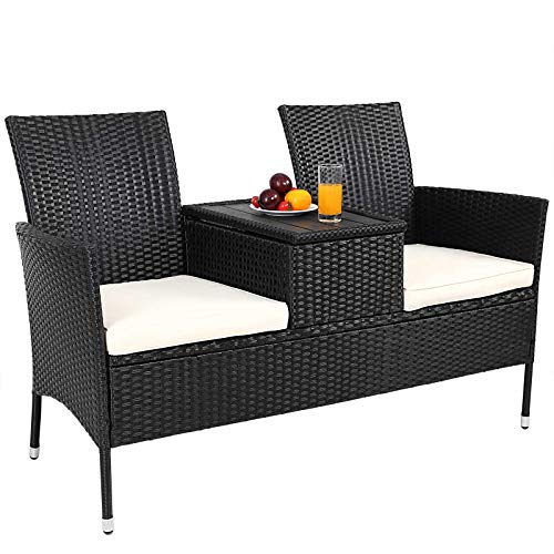 Casaria® Gartenbank Wetterfest UV-beständig Polyrattan Tisch Aufbewahrungsbox Auflagen 320kg Belastbarkeit Garten Balkon Möbel Bank 2-Sitzer Schwarz