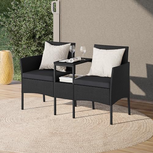 STEELSØN Gartenbank mit Tisch Velara aus Polyrattan, Sitzgruppe für 2 Personen, Balkonmöbel 2er Sofa mit Polster wetterfest, Gartensofa Terrassenmöbel in schwarz/anthrazit 83x65x135 cm (HxTxB)