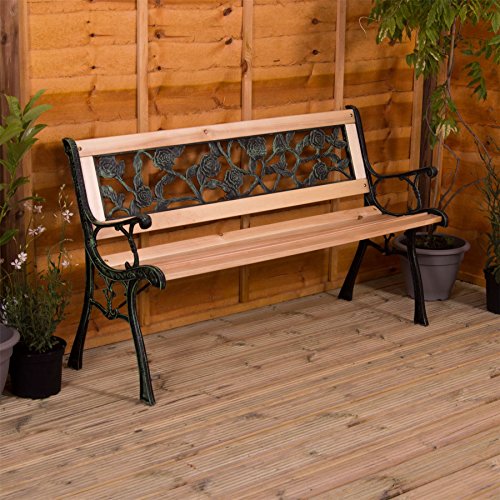 Home Discount Garden Vida Gartenbank, Rosen-Design, 3-Sitzer, für den Außenbereich, Holzlatten, Beine aus Gusseisen, Parkbank, Terrassensitzmöbel